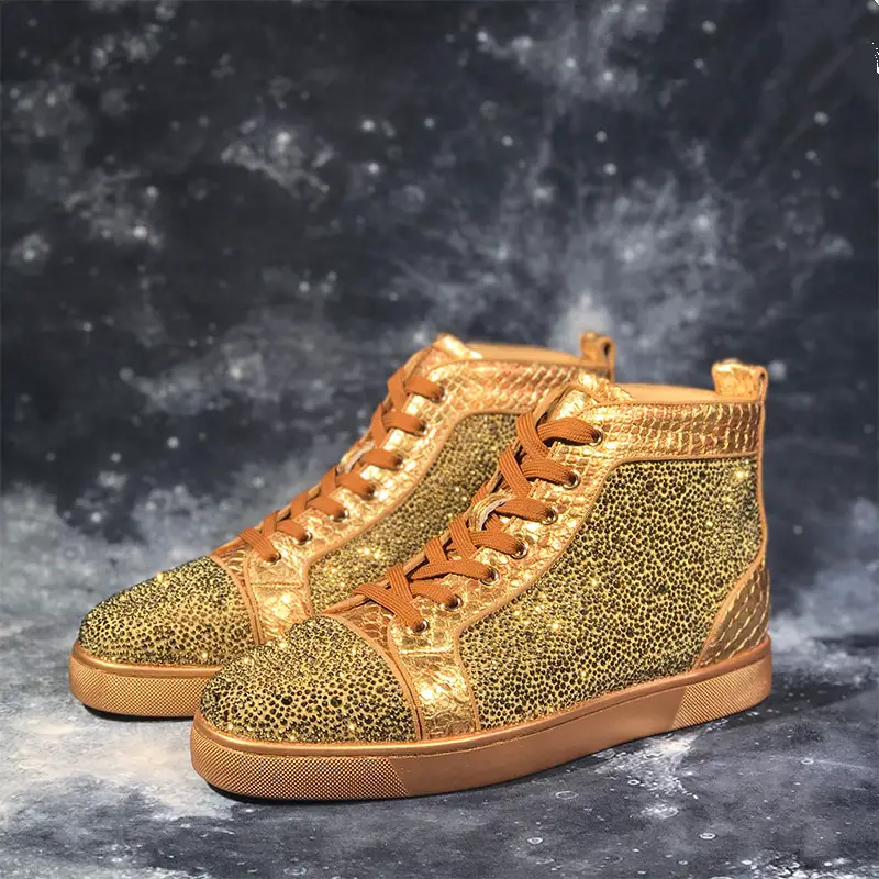 Genuine Leather Gold Mens Sneakers Luxury Crystal Lace Up High Top Mens ...