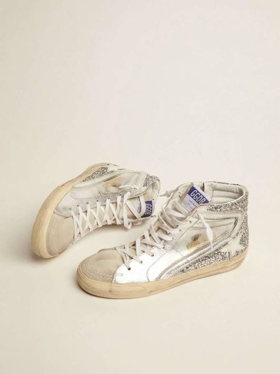 Golden Goose Slide Sneakers With Upper In Laminated Leather And Silver ...