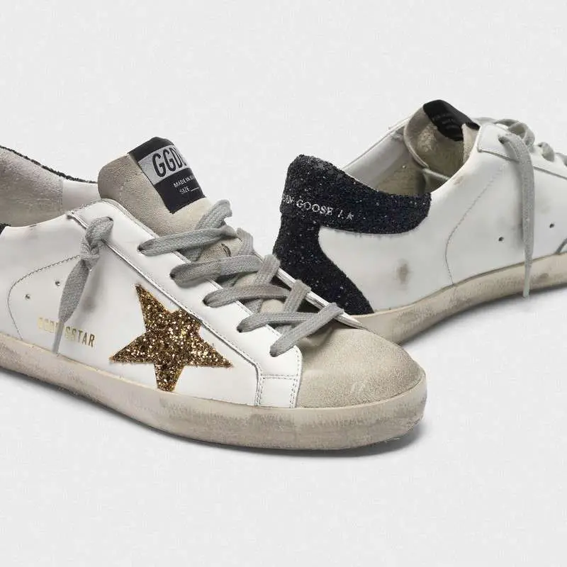 Golden Goose Superstar Sneakers With Gold Star And Glittery Black Heel ...