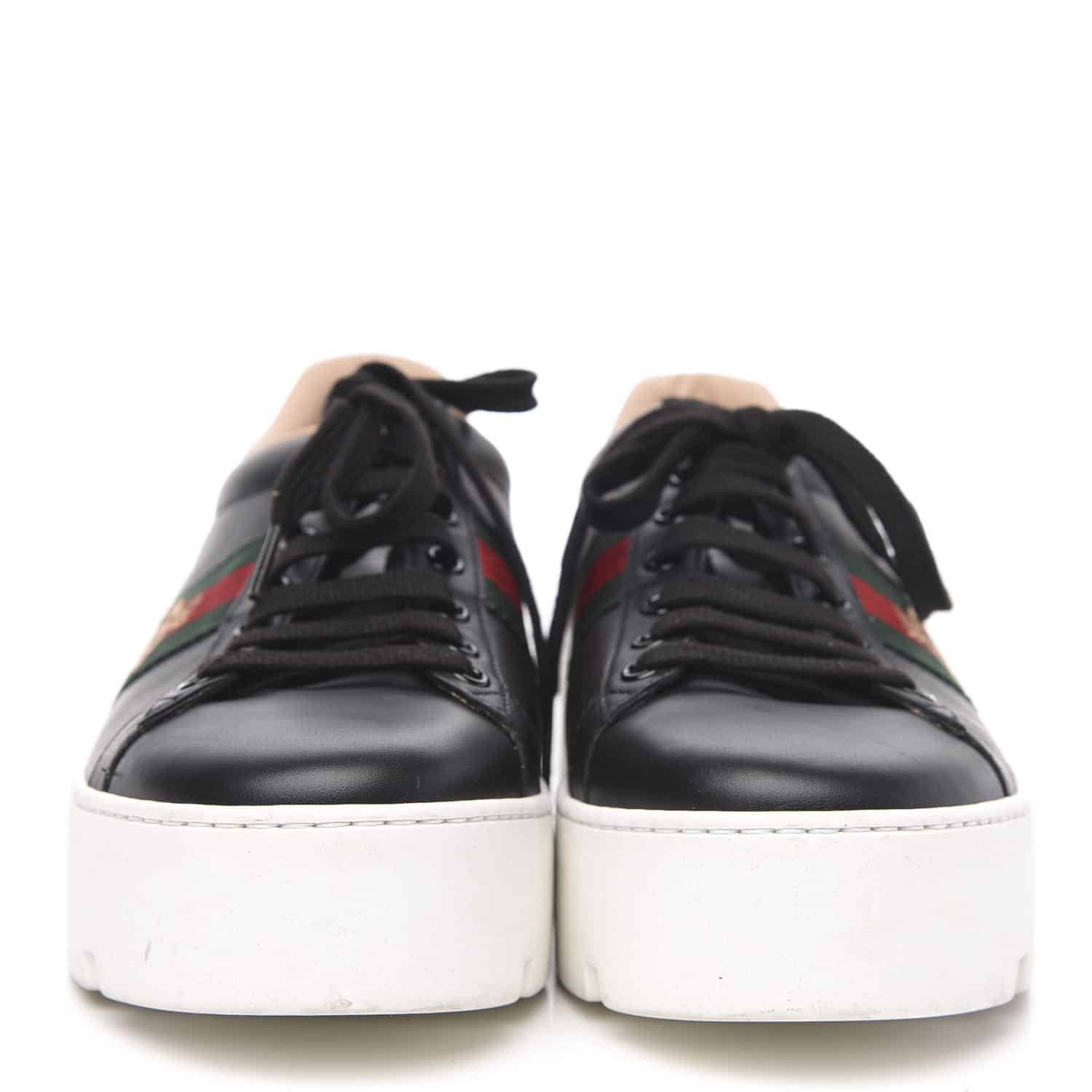 GUCCI Calfskin Embroidered Womens Ace Platform Sneakers 40.5 Black 625976