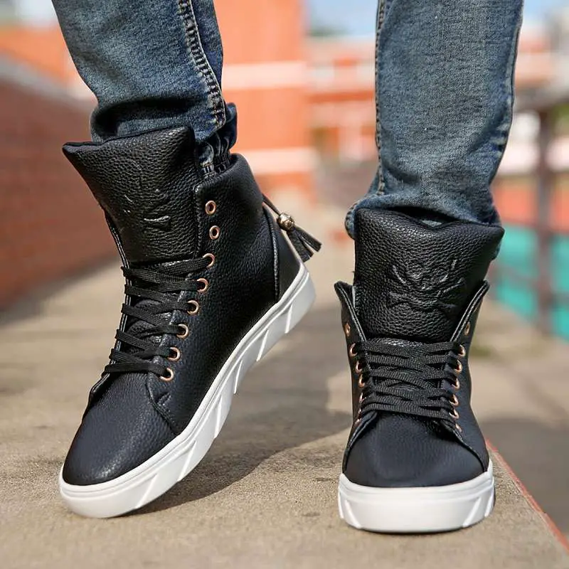 Mens White / Black High Top Shoes 2017 Spring Fashion PU Leather ...