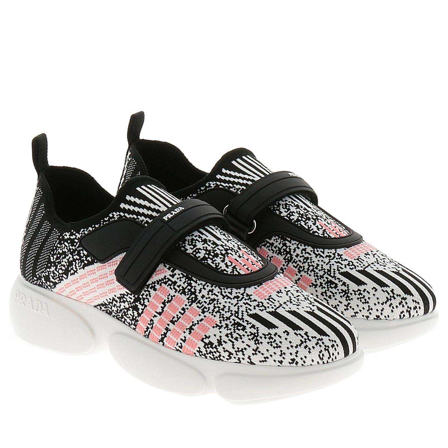 Prada Leather White And Pink Sneakers With Velcro