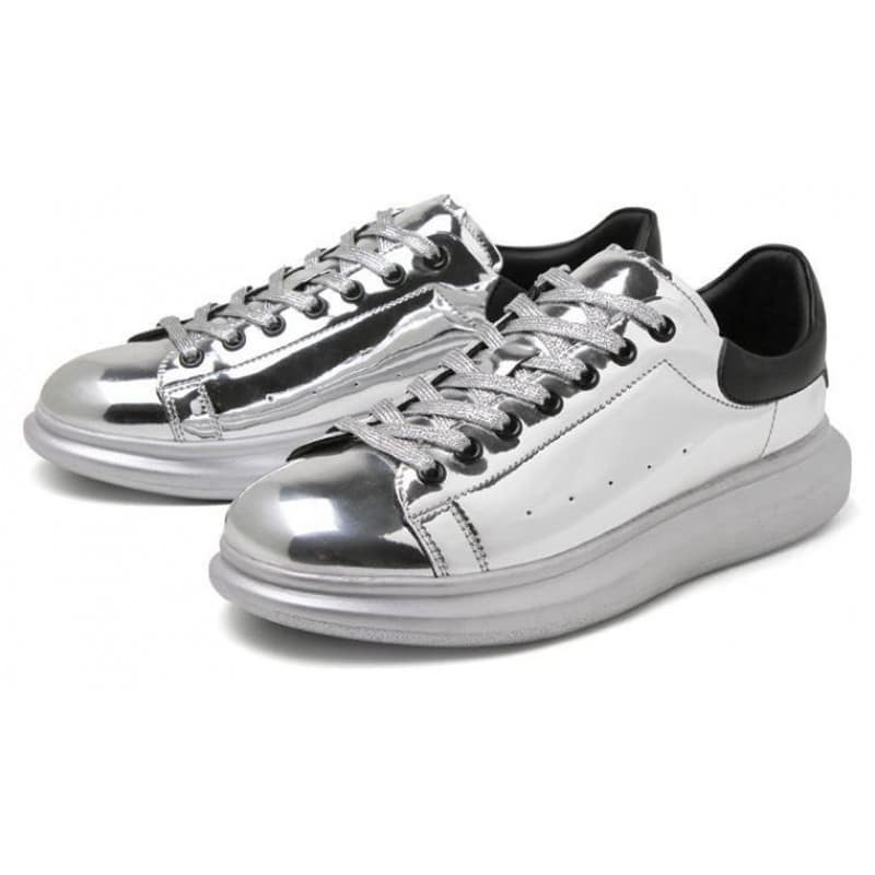 Silver Metallic Mirror Shiny Leather Punk Rock Lace Up Shoes Womens ...