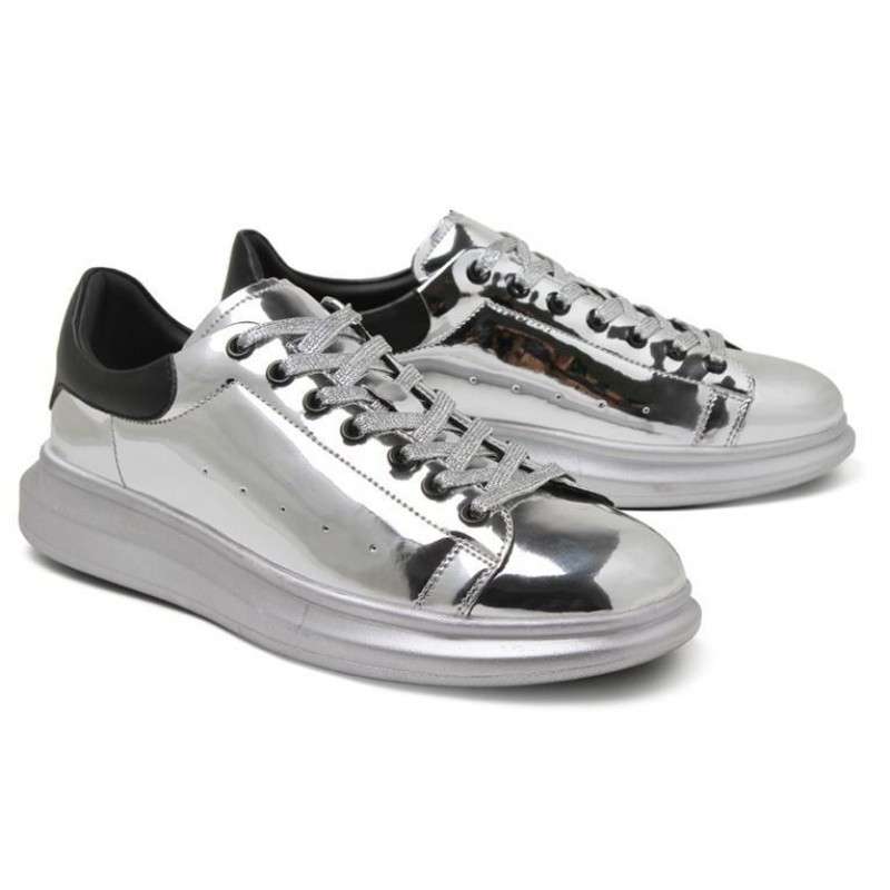 Silver Metallic Mirror Shiny Leather Punk Rock Lace Up ...