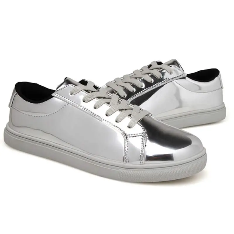 Silver Metallic Shiny Mirror Patent Leather Lace Up Shoes Mens Sneakers