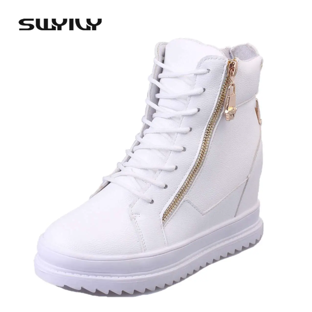 SWYIVY Women Sneaker White High Top Canvas Shoes Wedge ...
