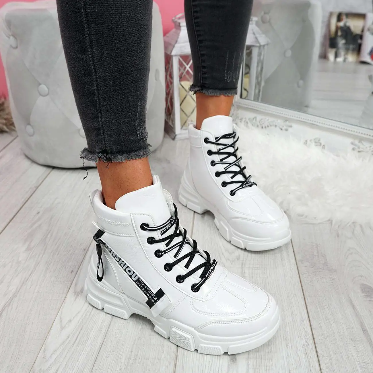 WOMENS LADIES HIGH TOP LACE UP TRAINERS CHUNKY SOLE SNEAKERS PARTY ...
