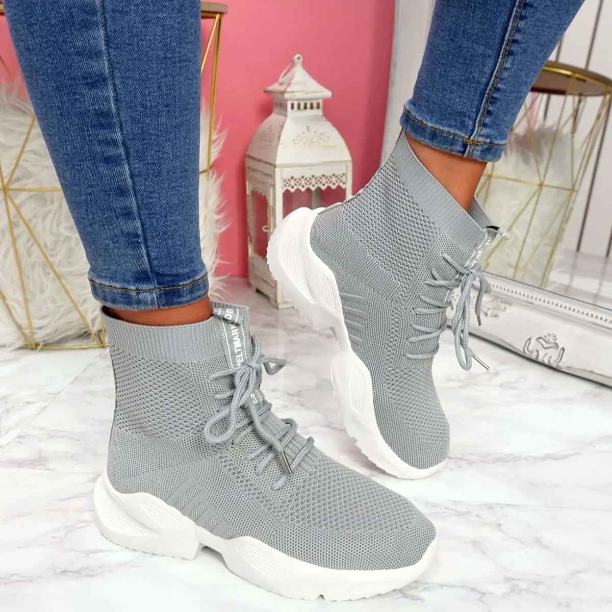 WOMENS LADIES LACE UP KNIT SOCK SNEAKERS CHUNKY PARTY TRAINERS WOMEN ...