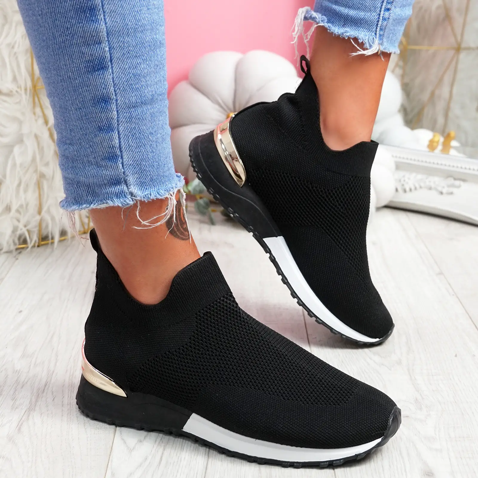 WOMENS LADIES SPORT SLIP ON TRAINERS KNIT SNEAKERS PULL ON WOMEN SHOES ...